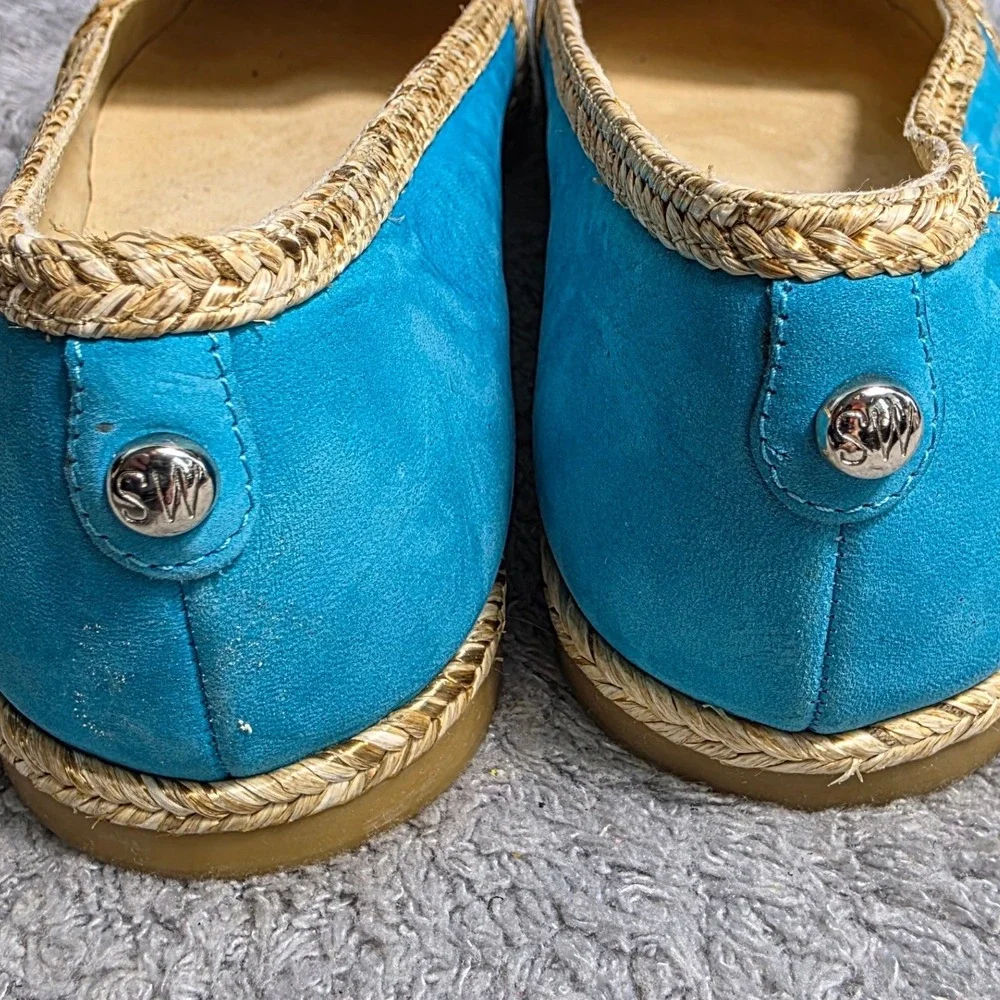 Stuart Weitzman Suede Espadrille Flats Turquoise Blue Silver Cap Toe Women 7.5 M